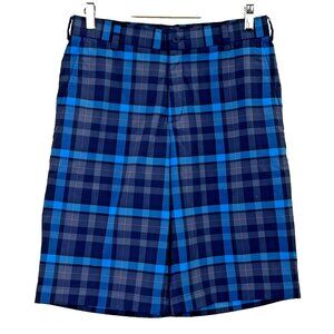 Nike Golf Shorts Mens Size 30 Dri-Fit Blue Plaid Flat Front Stretch 12" Inseam